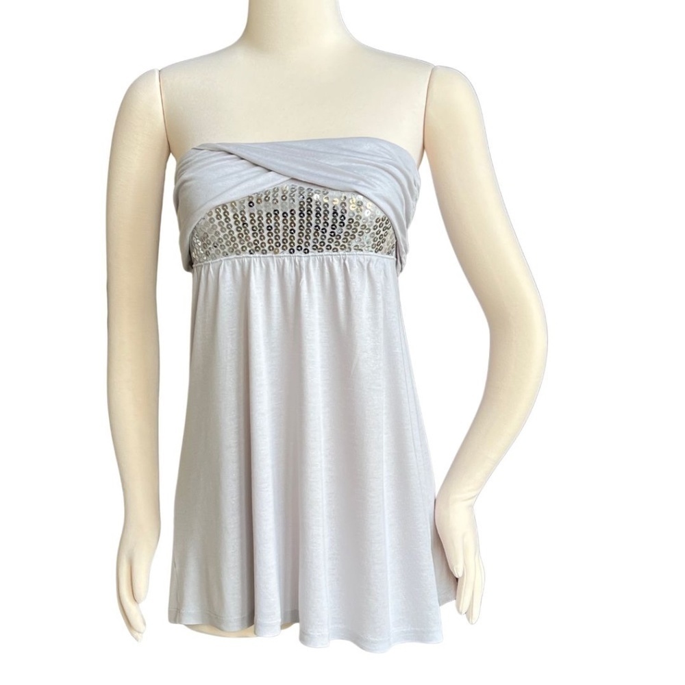 Express Silver Strapless Bandeau Top With Sequin Detail And Empire Waist Sz M - Picture 3 of 7